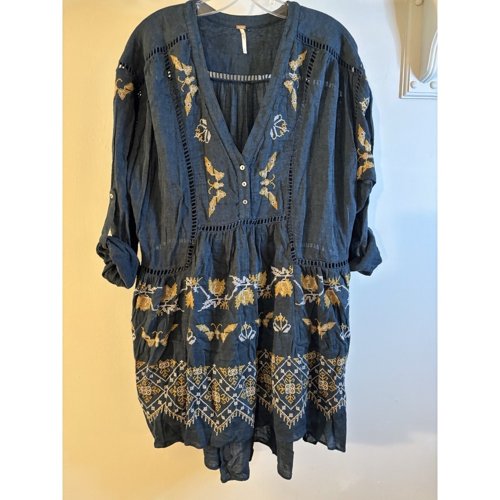 FREE PEOPLE Teal Blue Butterfly Flower Embroidered Dress S V Neck Boho